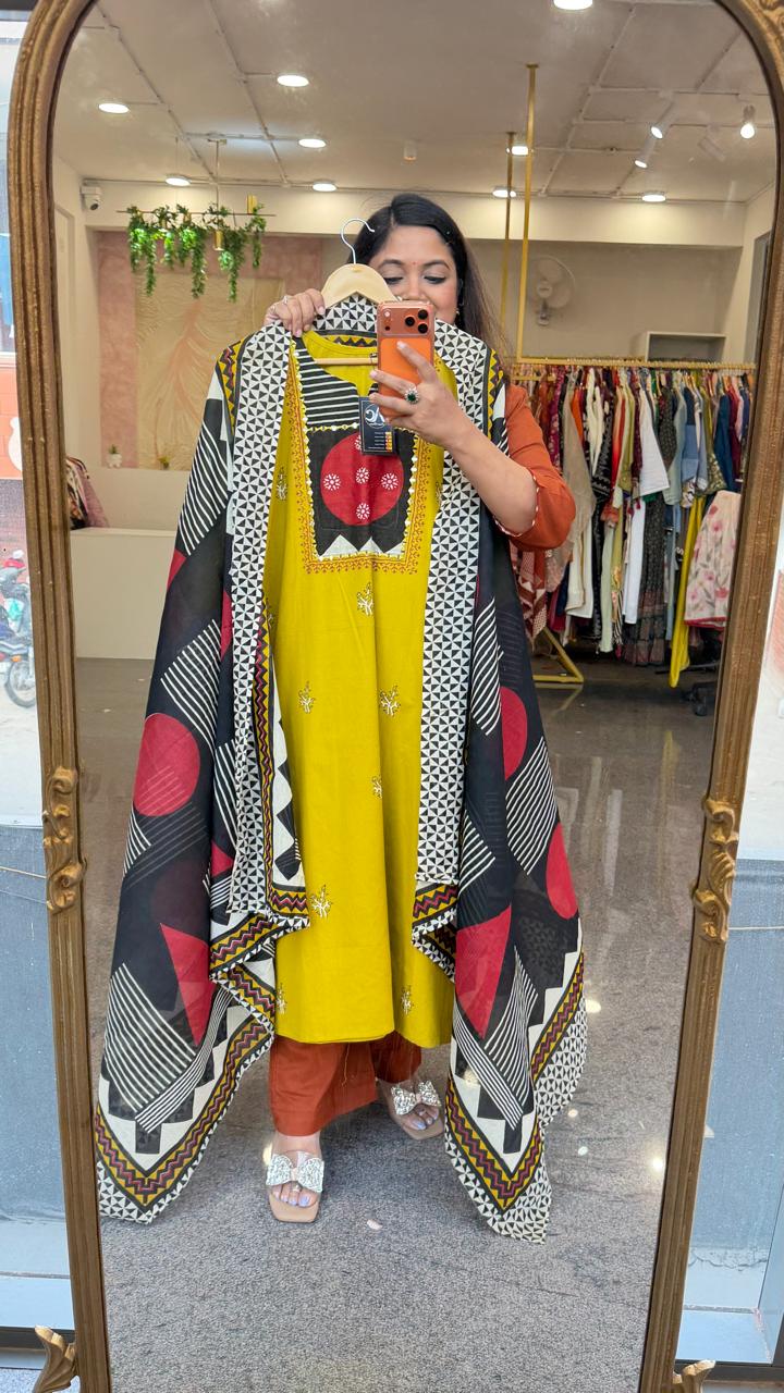 Super pretty real mirror contrast dupatta suit set in yellow
