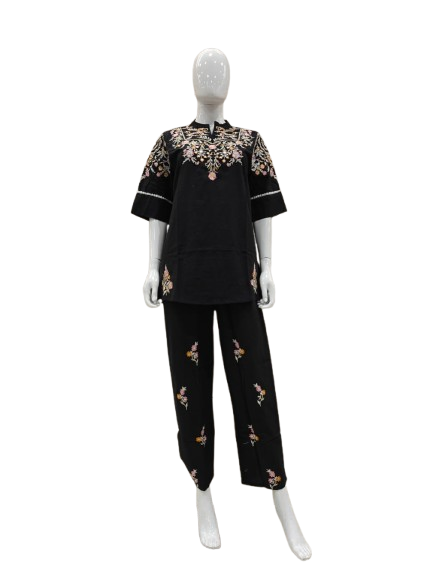 Beautiful embroidered cotton co ord in black