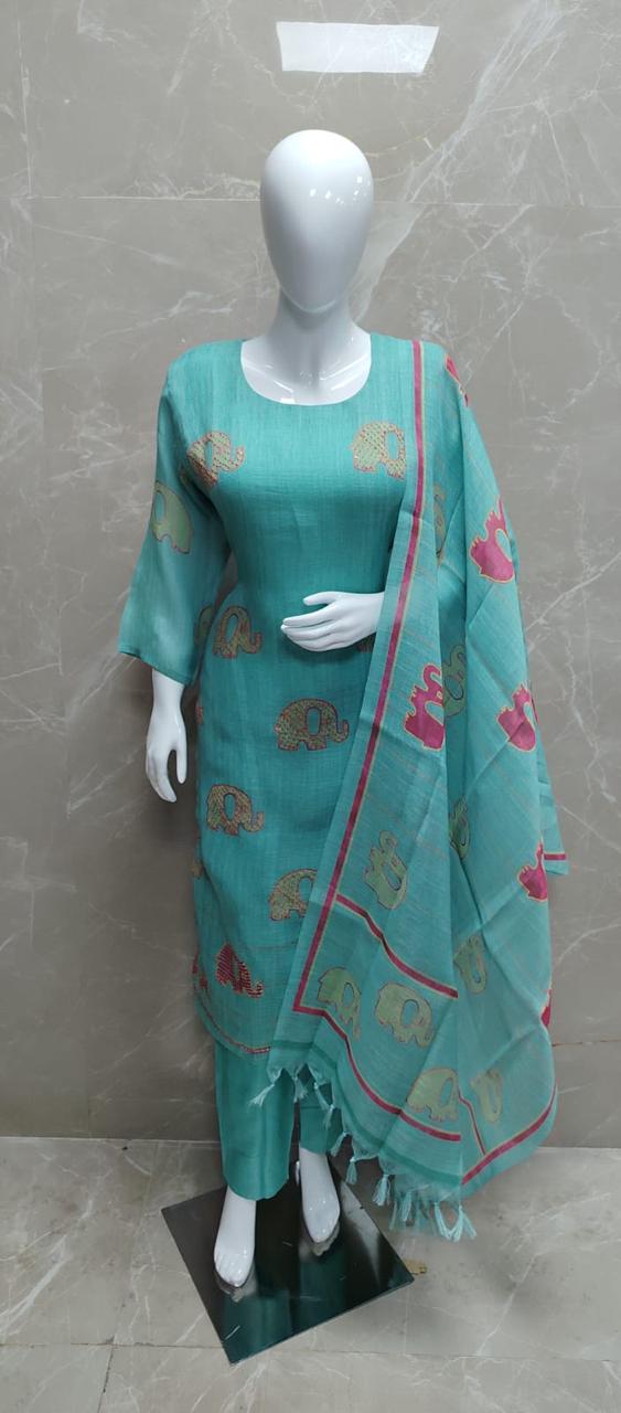 Super premium linen Chanderi githan work suit in blue