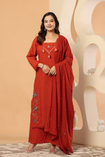Pure cotton real mirror pintux work embroidery suit set in red