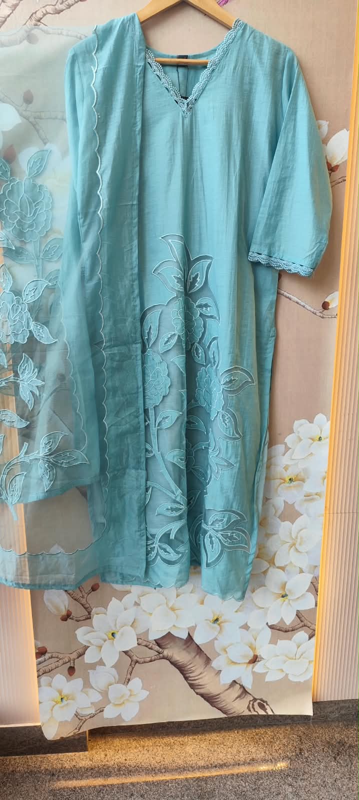 Pretty Mul chanderi cutwork suit set in blue