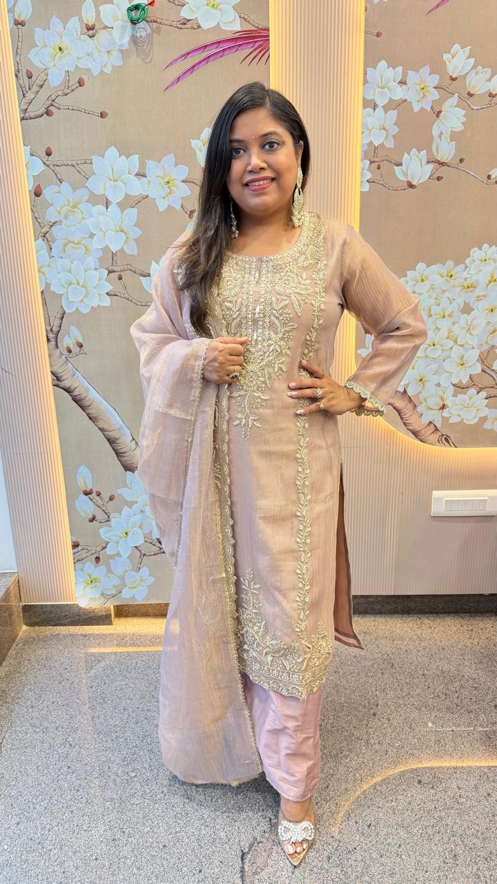Premium handwork detailing suit set in salsa tissue in baby pink (loose fit )