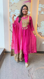 Pure Banarasi Mul chanderi in rani pink with super gorgeous handwork suit set