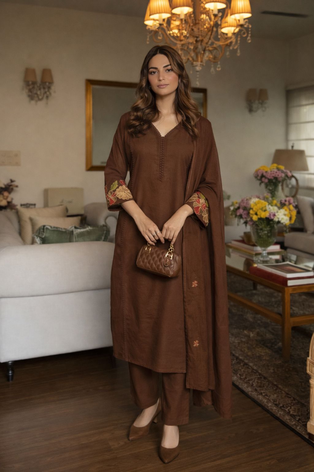 Beautiful cotton embroidered suit set in brown