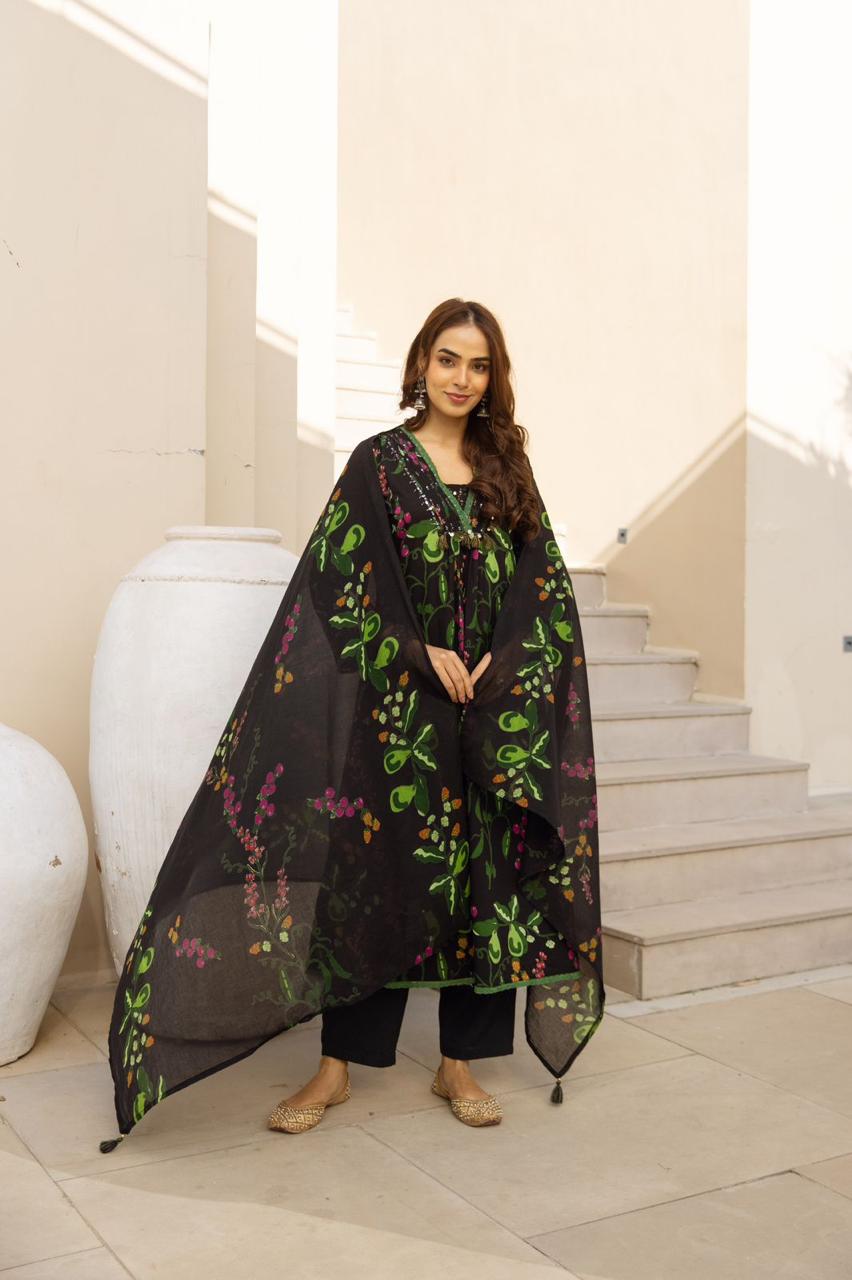 Pure cotton digital printed full suit set in black n green
