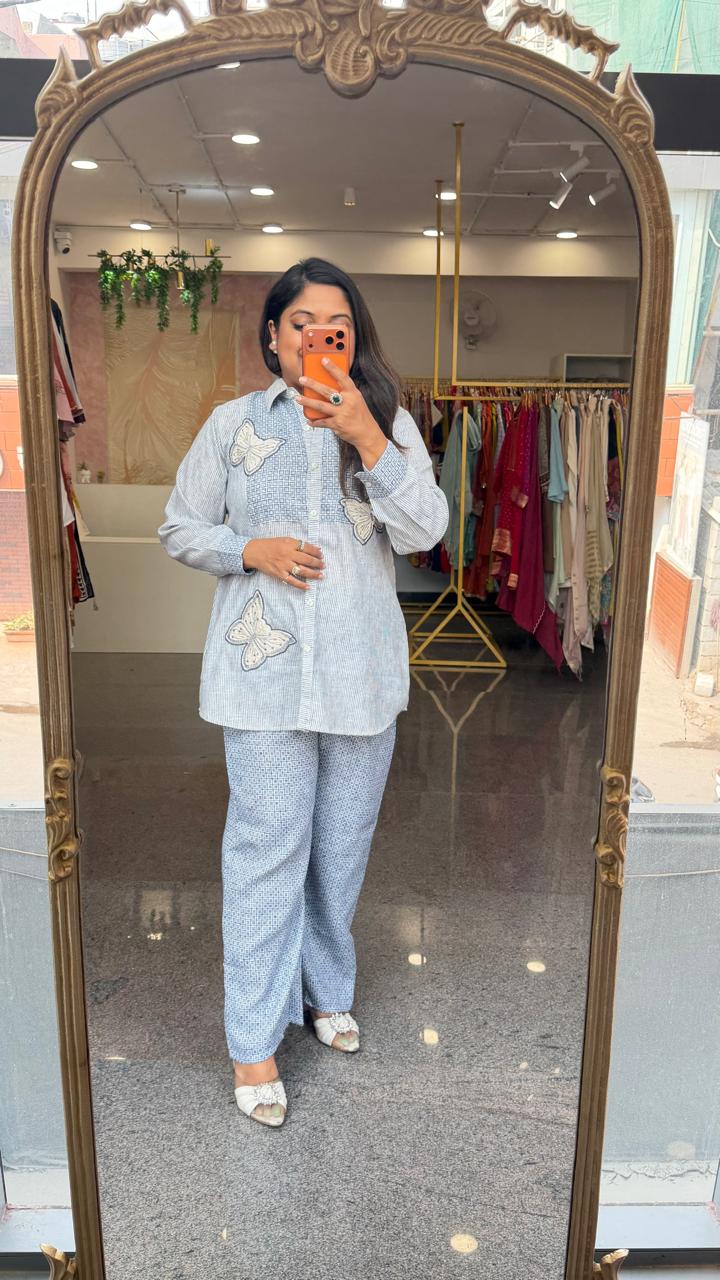 Applique work organic cotton Co ord set in blue