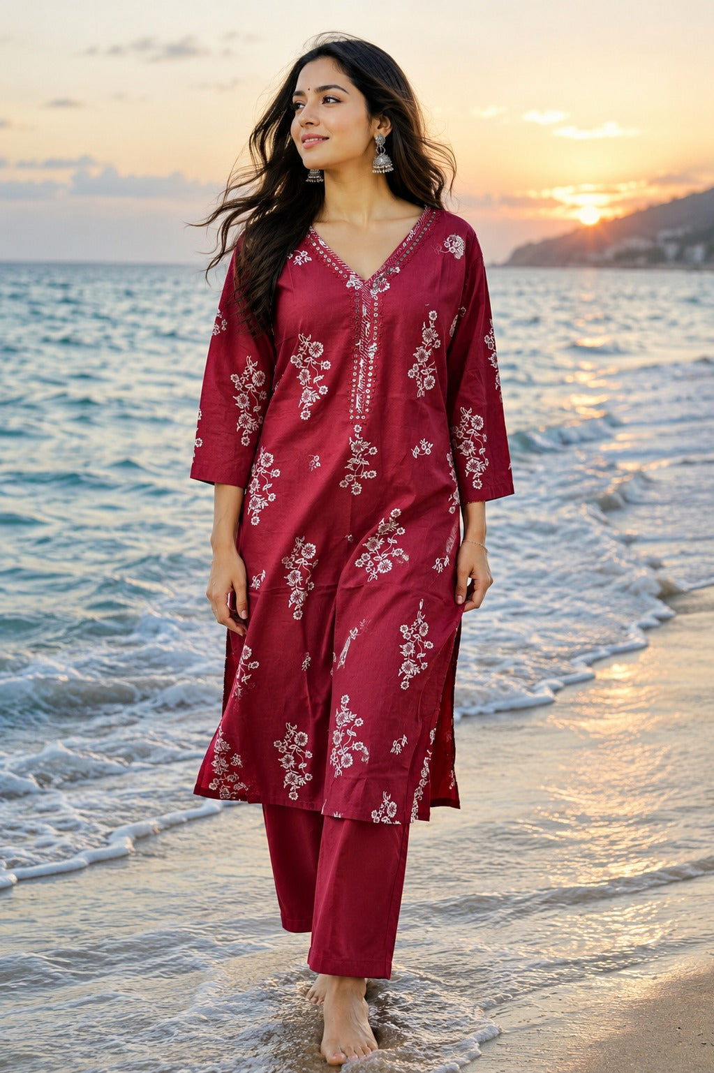 Pure cotton floral kurta red