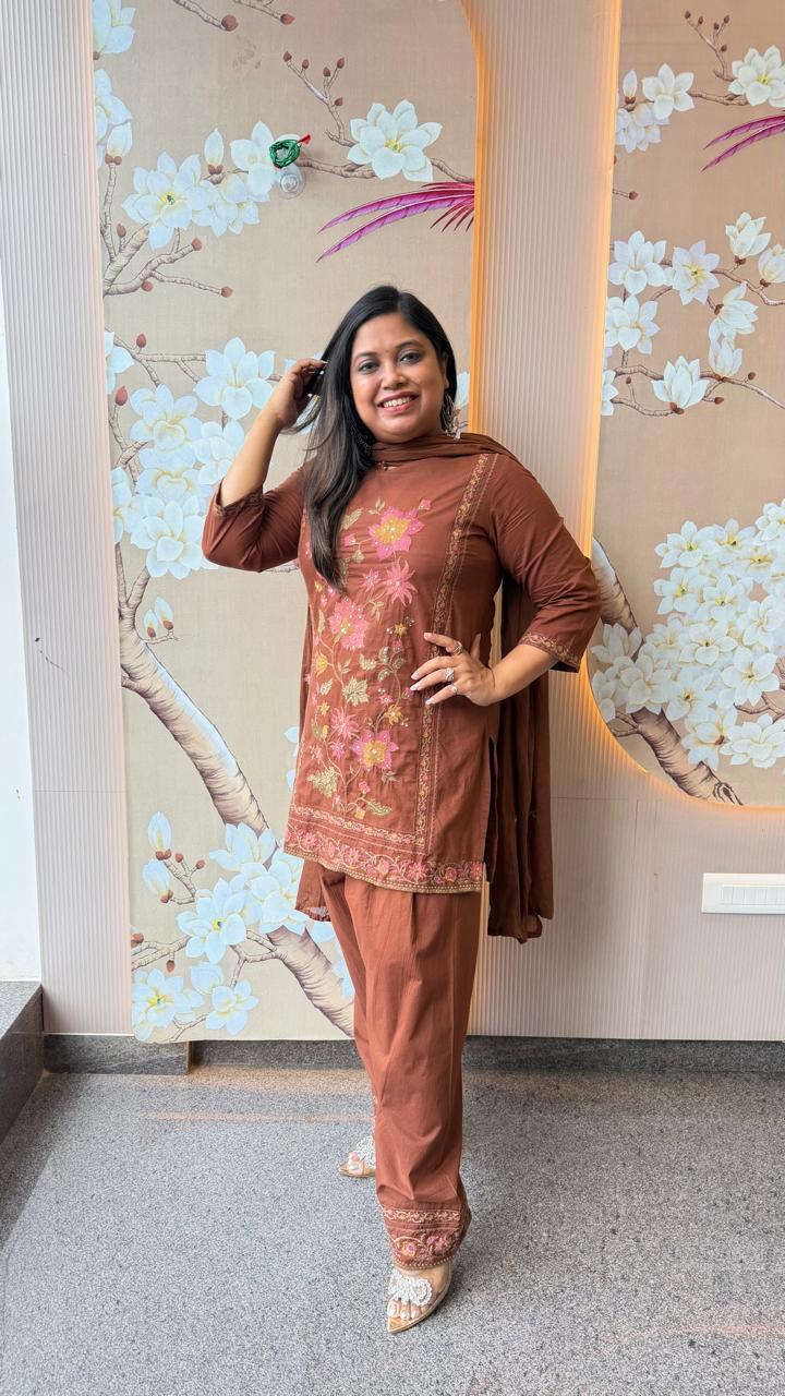 Pretty farshi salwar cotton embroidered suit set in brown