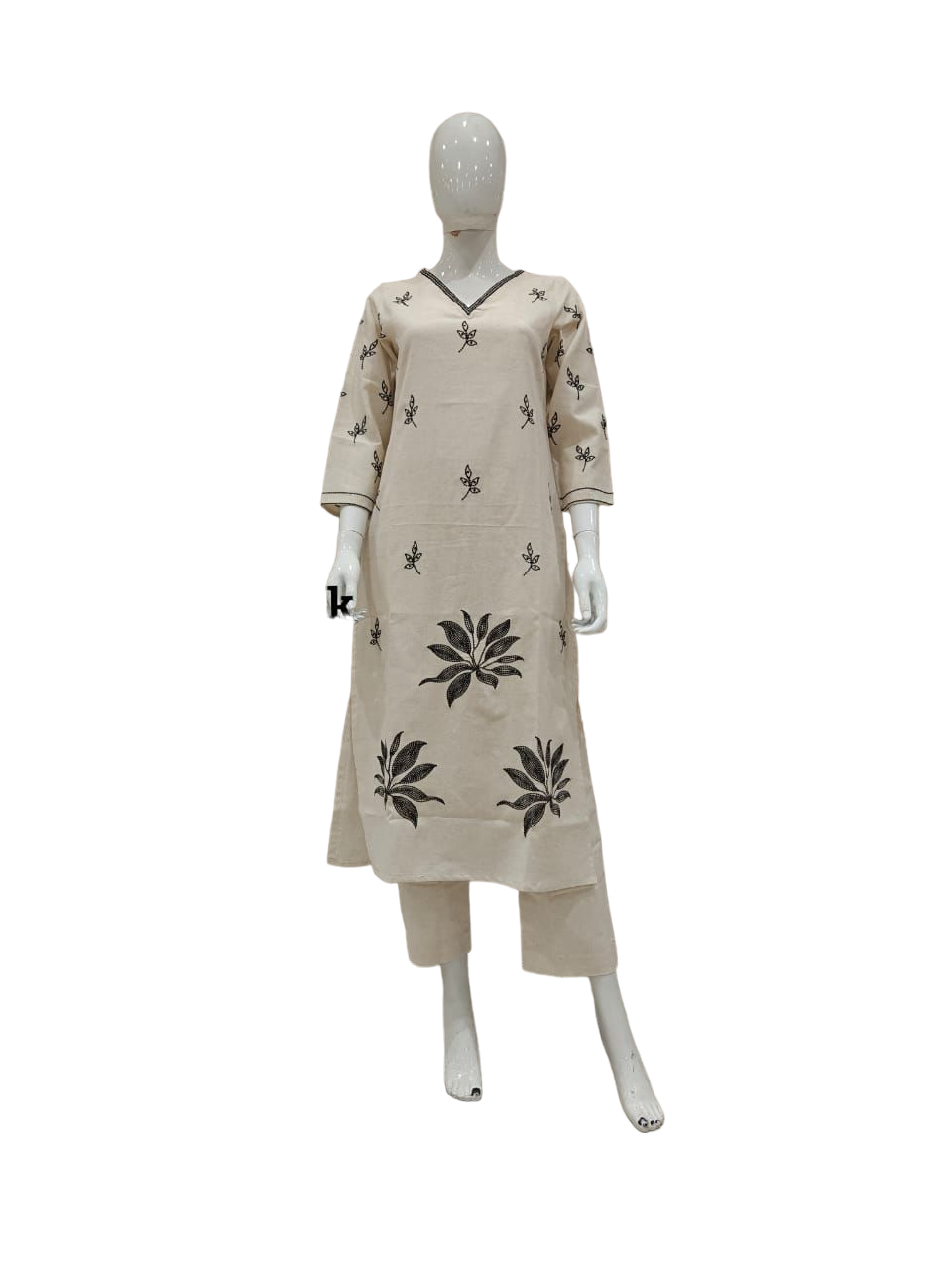 V neck embroidery cotton kurta pant in white