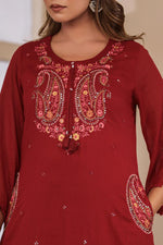 Premium Mul cotton red paisley embroidered designer pocket suit set