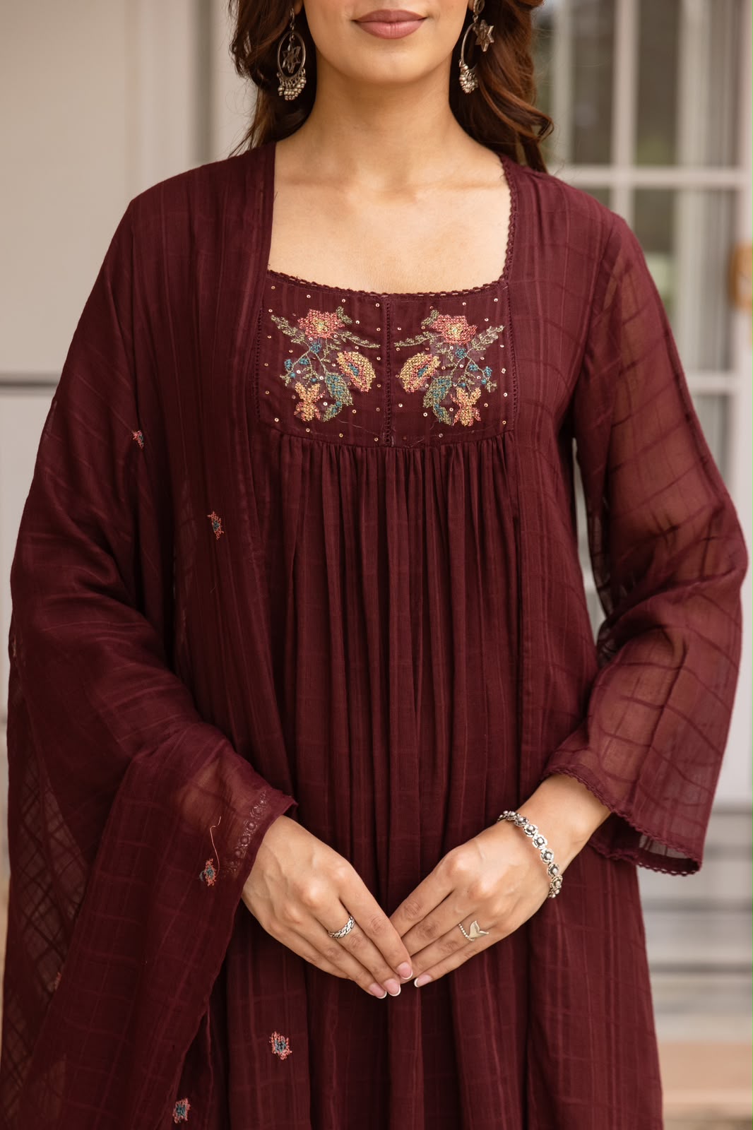 Pure Mul cotton Cheks suit set in wine