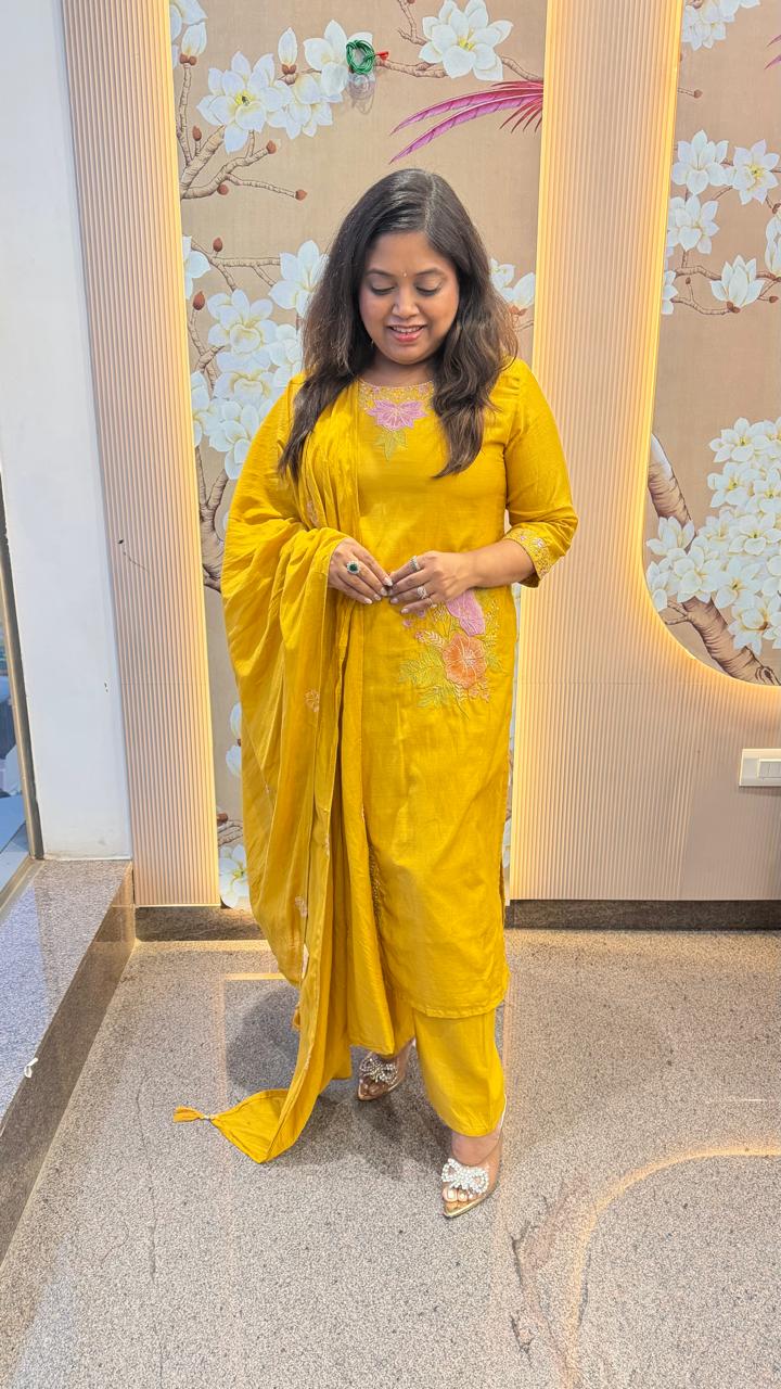 Wow cotton chanderi fully embroidered with pocket suit set in yellow