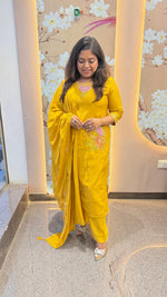 Wow cotton chanderi fully embroidered with pocket suit set in yellow