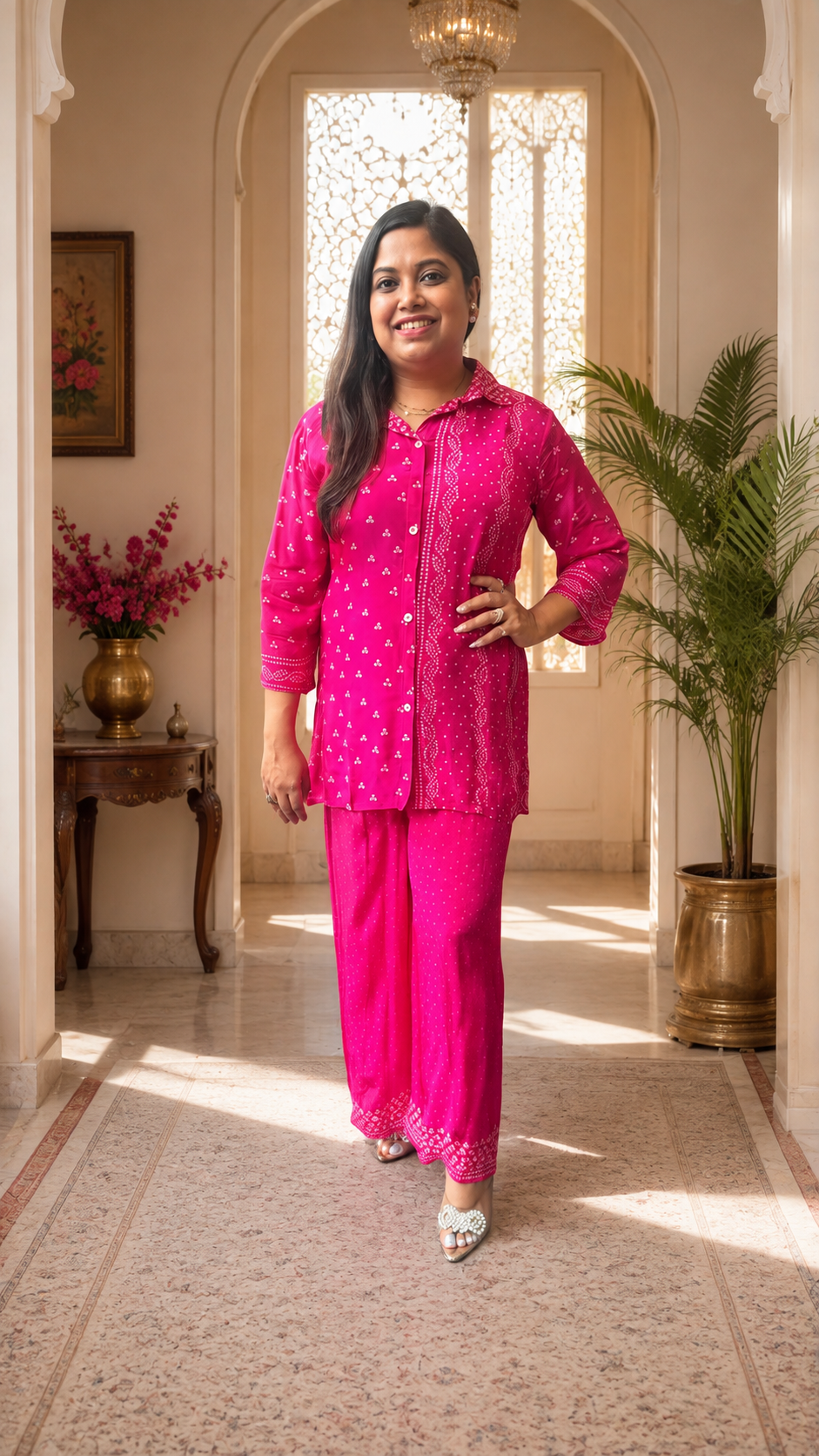 Gorgeous Rani pink bandhanicrepe co ord