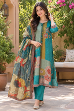 Mul silk digital printed full suit set in blue full suit