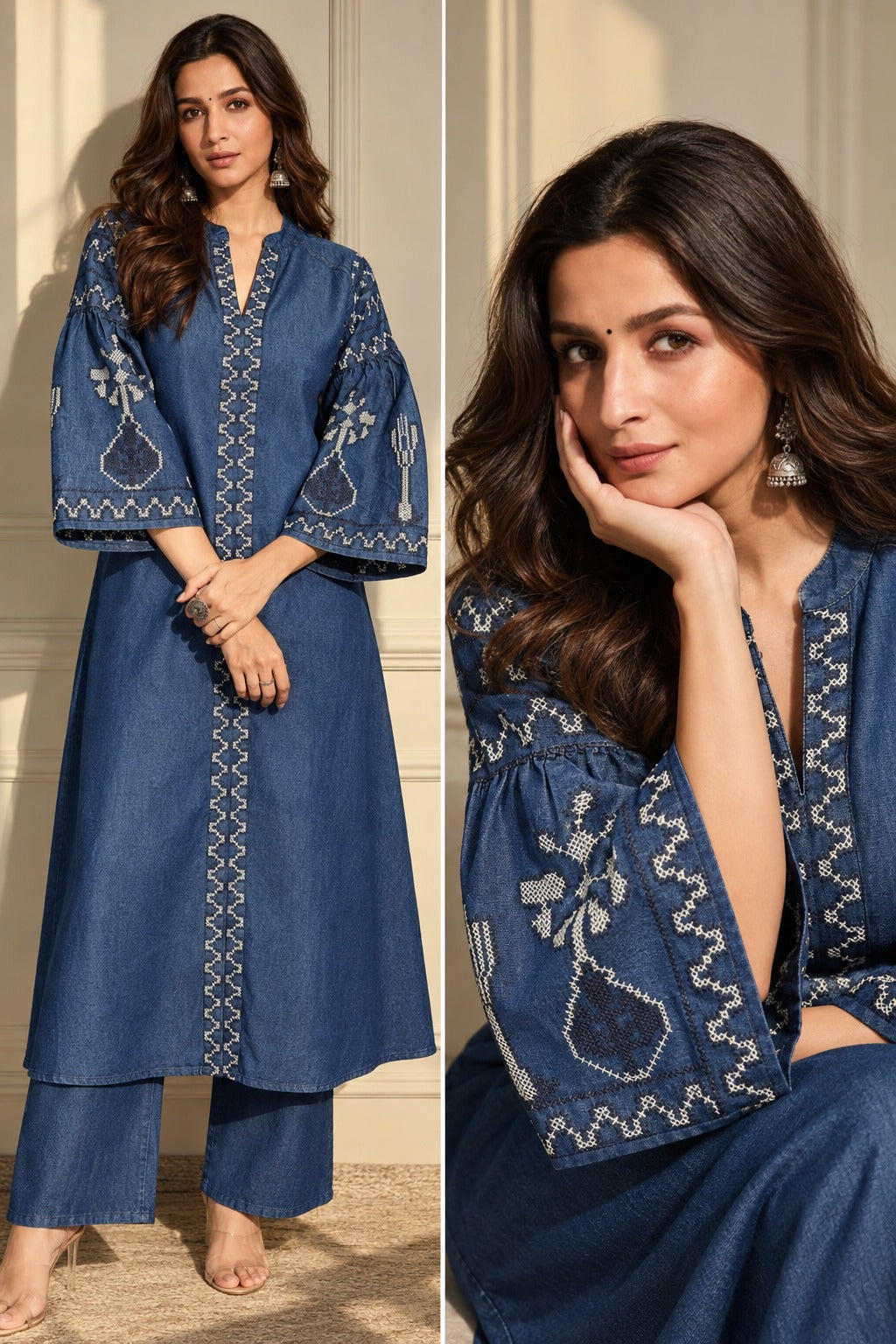 Wow denim cotton embroidered kurta pant