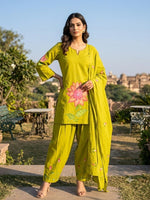 Brush painted full suit set in green in farshi salwar