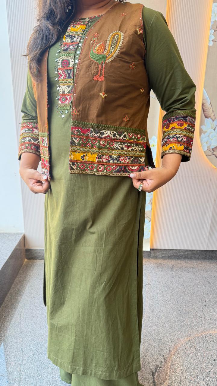 Premium Dabbu cotton fully embroidered detachable jacket in green n brown (slim fit)