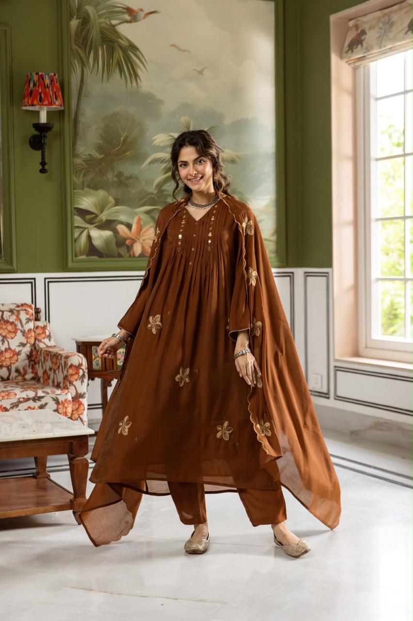 Mul Chanderi embroidered full Suit set in brown