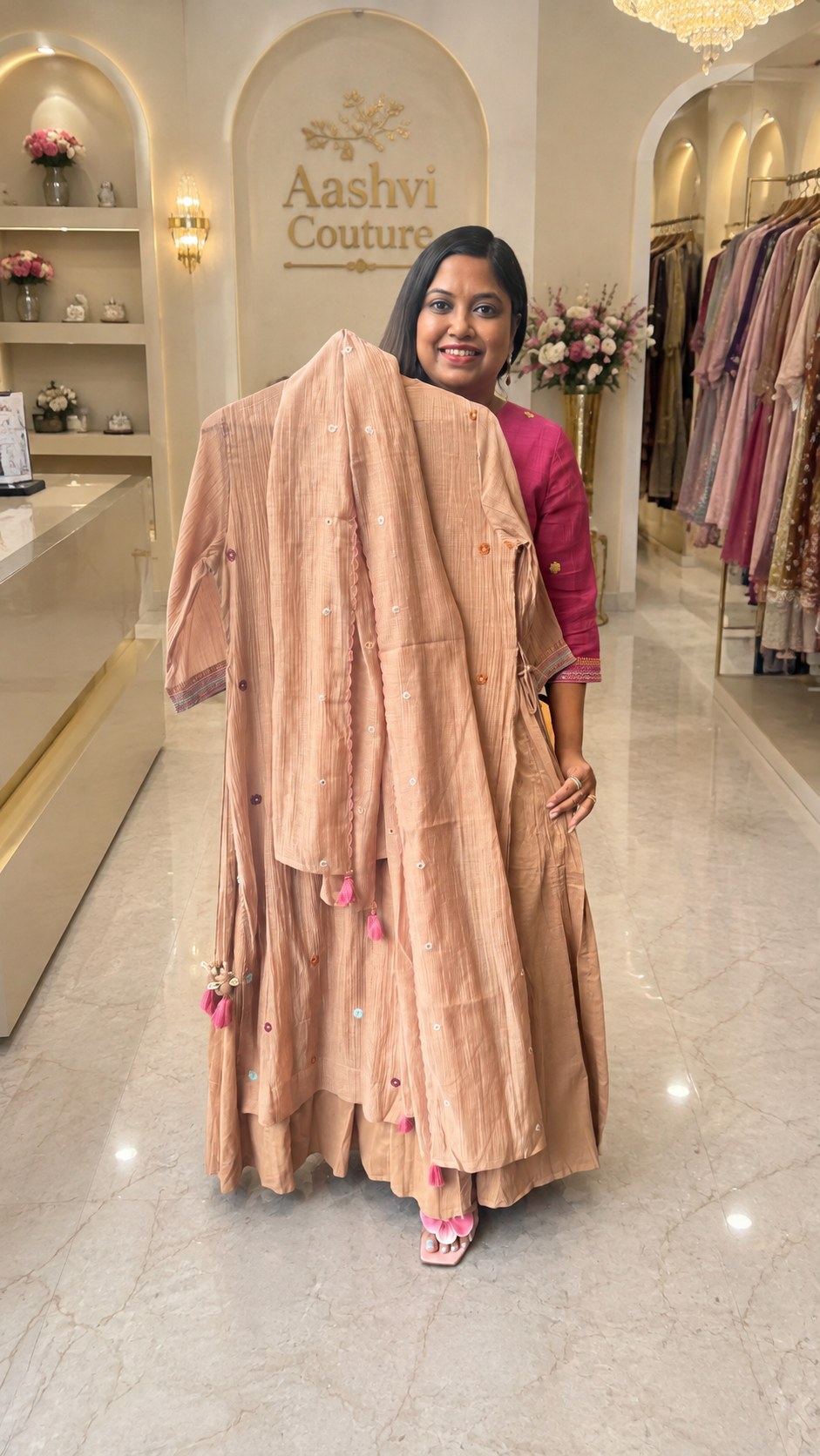 Pure Banarasi handcrafted mulchanderi layered gown with dupatta in brown