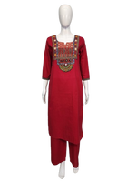 Premium cotton ajrakh detailing in red kurta pant