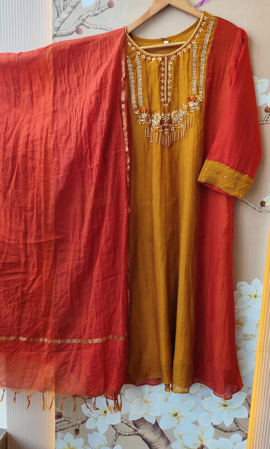 Pure Banarasi Mul chanderi suit set in orange