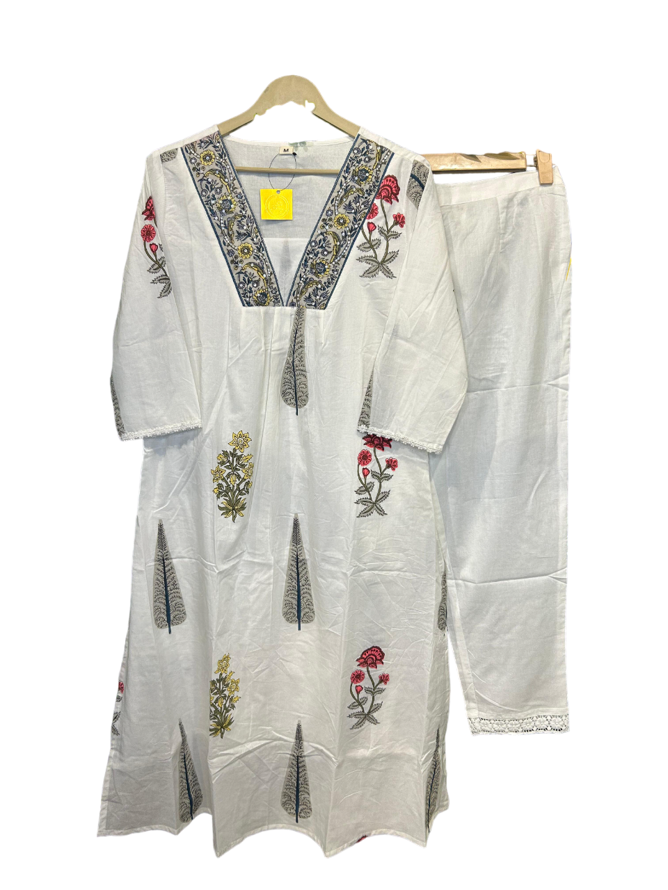 V neck pure cotton block printed kurta pant