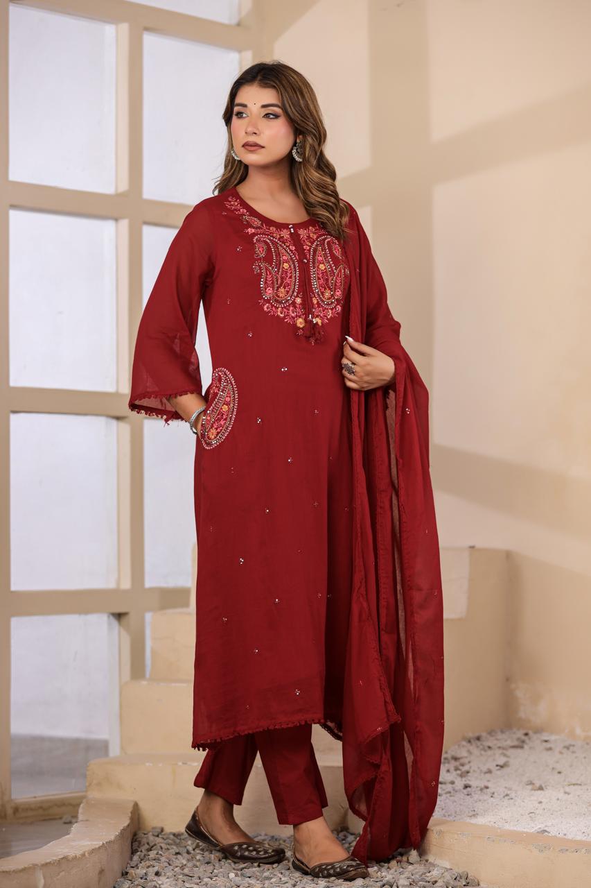 Premium Mul cotton red paisley embroidered designer pocket suit set