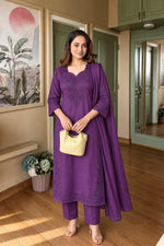 Premium cutwork ful suit set in purple