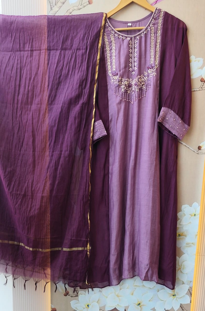 Pure Banarasi Mul chanderi suit set in purple