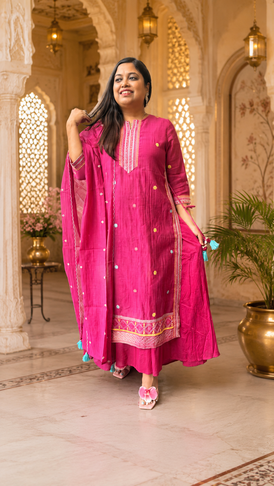 Pure Banarasi handcrafted mulchanderi layered gown with dupatta in Rani pink