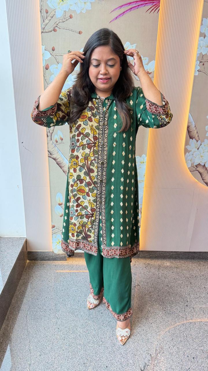 Pure crepe digital printed Kalamkari co ord in green