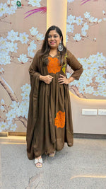 Mul cotton applique work lining full suit set in brown
