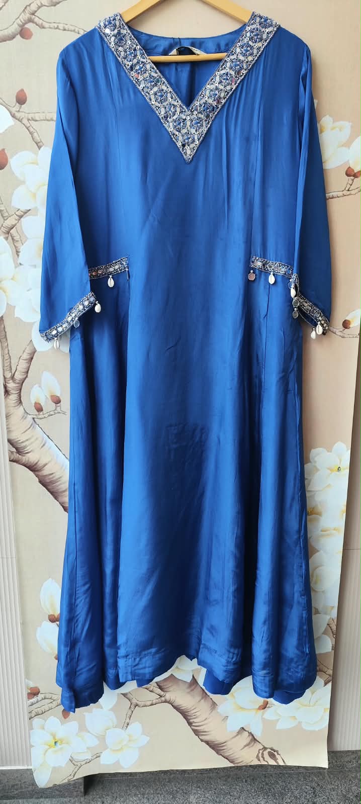 Real mirror crepe silk designer royal blue suit set