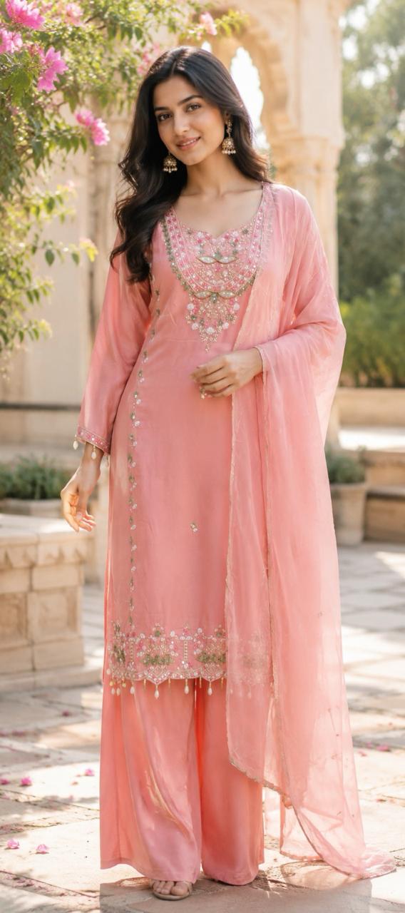Dola silk handwork suit set in baby pink