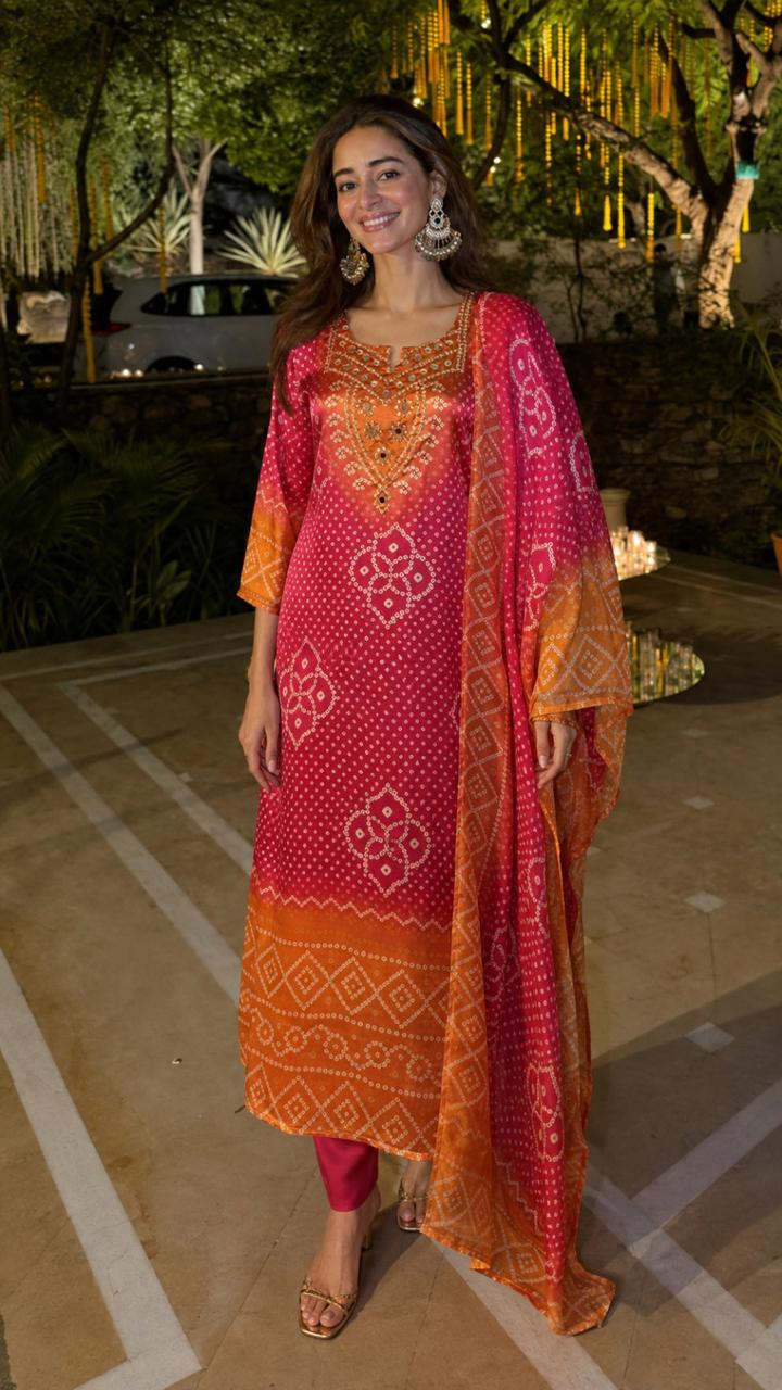 Premium gaji silk bandhani paired with orgenza duppatta in orange n pink