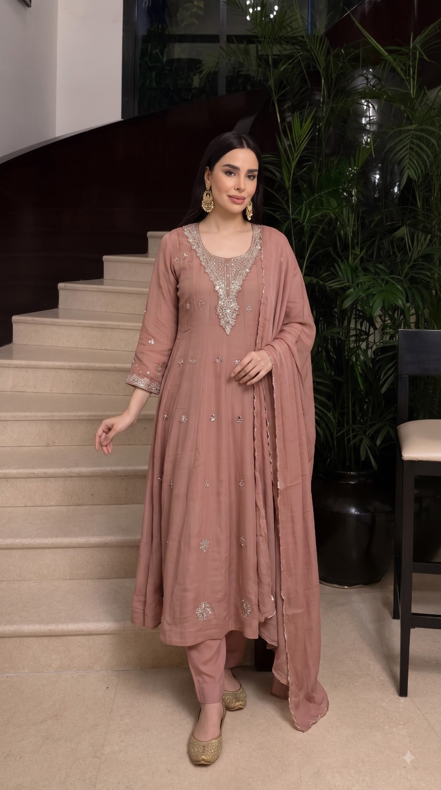 Pretty Mul chanderi hand work detailing Anarkali suit set