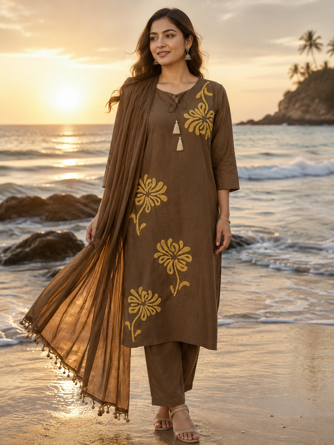 Pure cotton embroidery suit set in brown