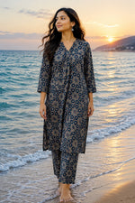 Premium katha stitch real mirror blue kurta