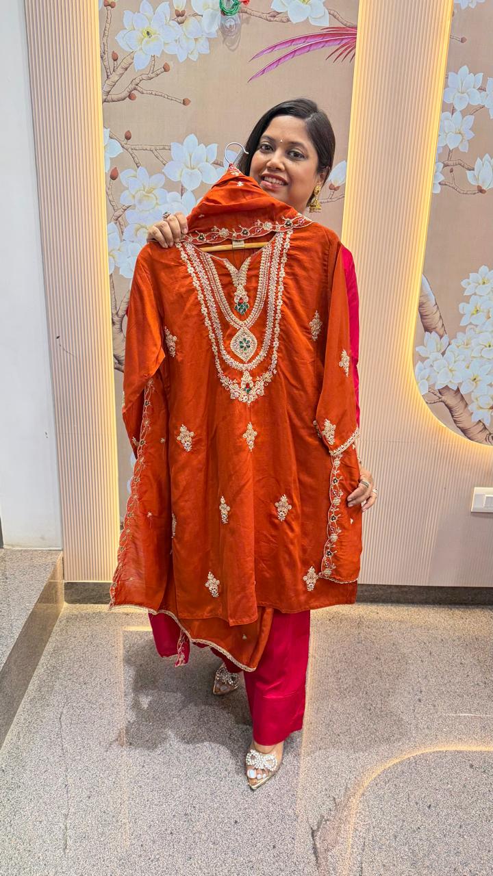 Super Royal Kundan necklace full suit in farshi salwar in orange