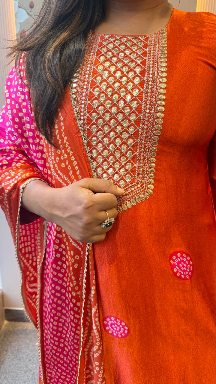Bestseller in the best festive colour orange n pink in premium gaji silk bandhani