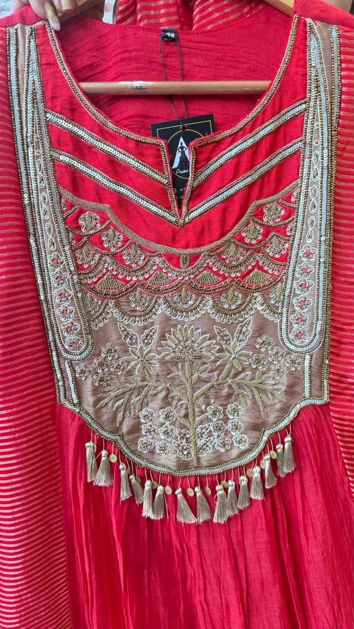 Pure Banarasi Mul chanderi in red with super gorgeous handwork suit set