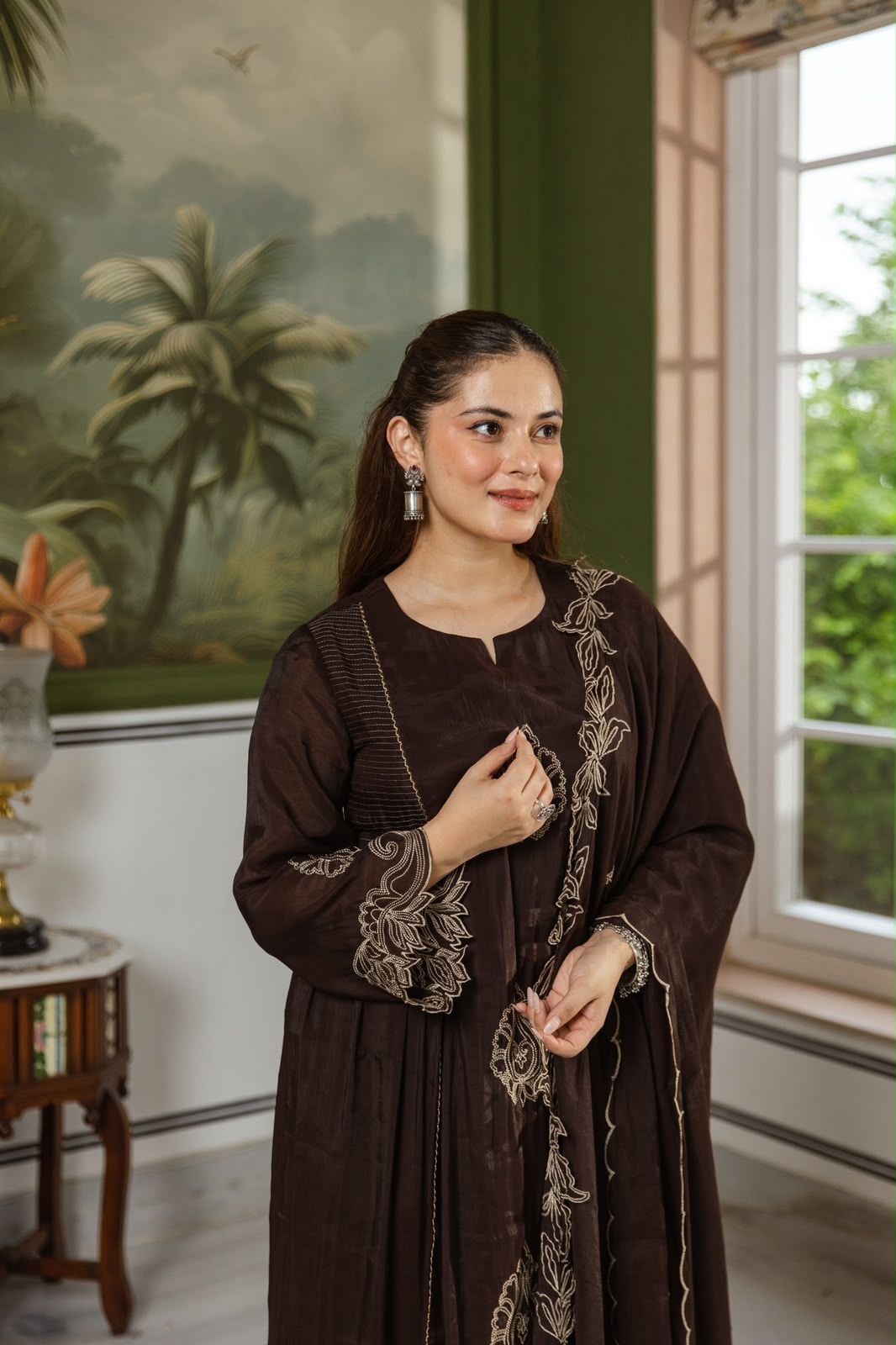 Brown Mul chanderi applique embroidered suit set in brown