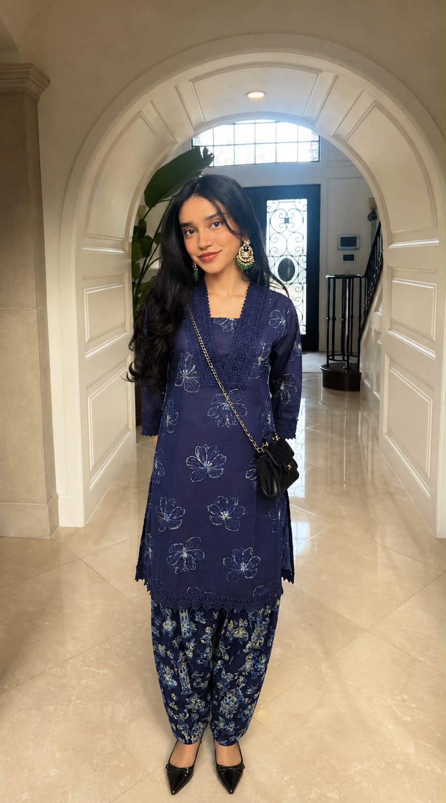 Pretty cotton indigo blue farshi salwar set with lace detailing