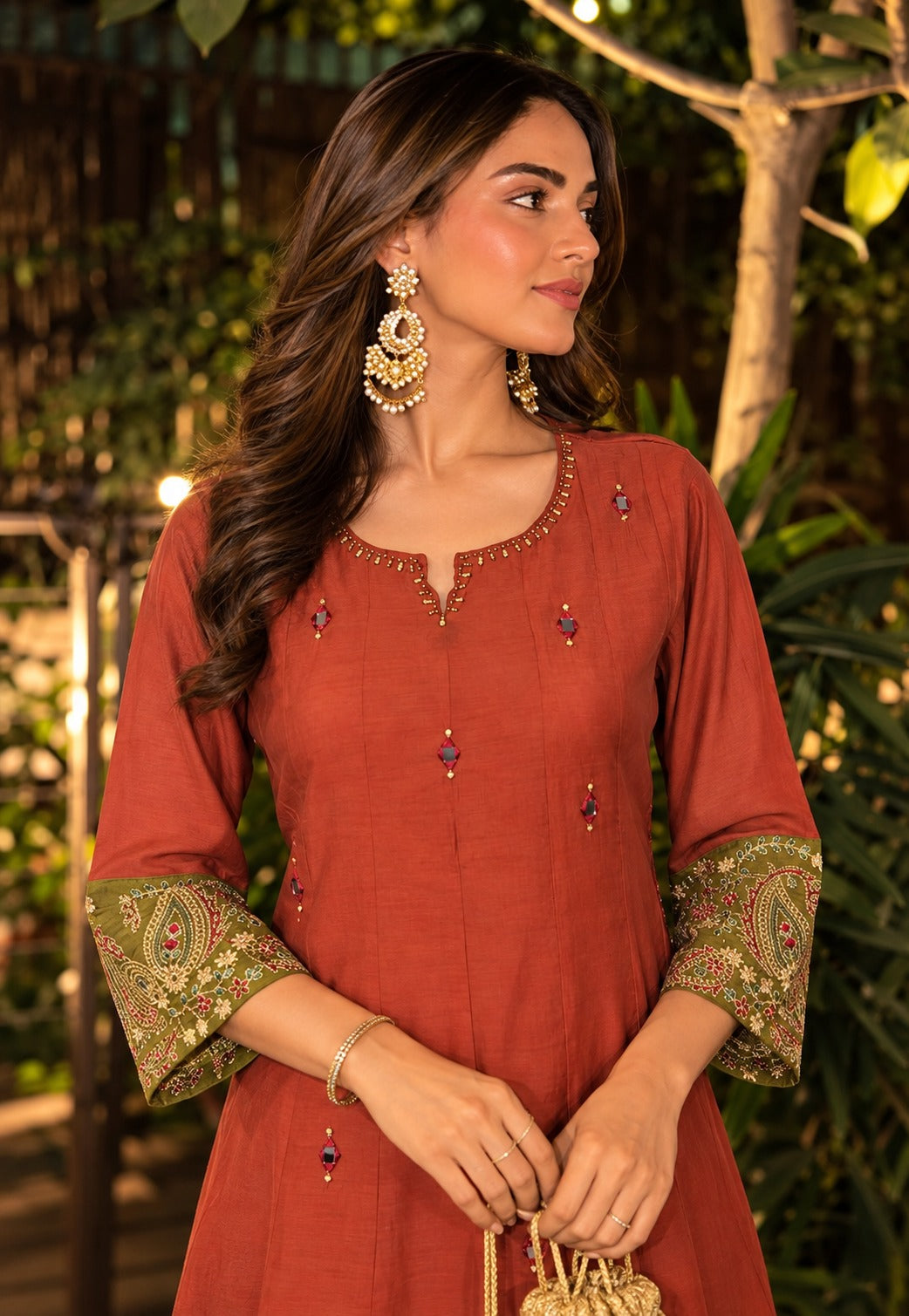 Festive co ord with real mirror and ajrakh detailing farshi salwar in rust