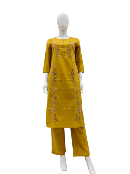 Embroidered cotton kurta pant in yellow