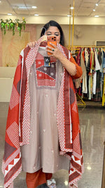 Super pretty real mirror contrast dupatta suit set in chiku colour