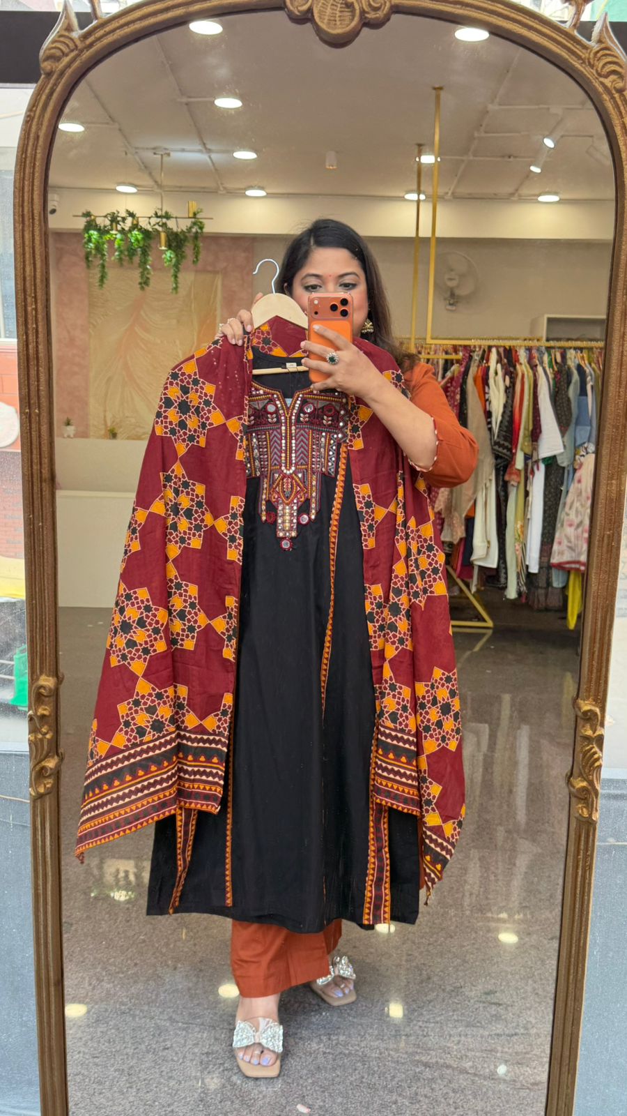 Premium cotton real mirror suit set in black n red