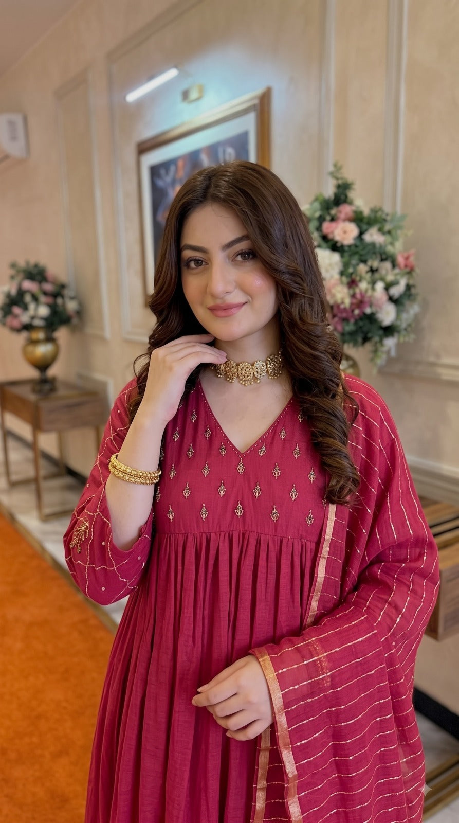Pretty pretty pure Mul chanderi with antique gold detailing in pink