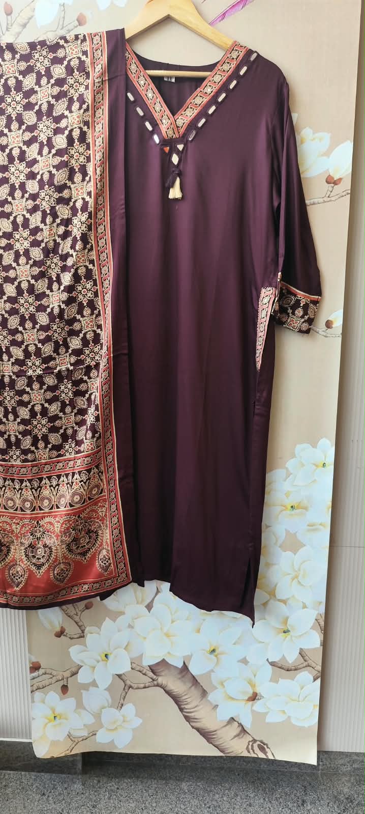 Premium gaji silk suit set paired with Kalamkari dupatta in wine
